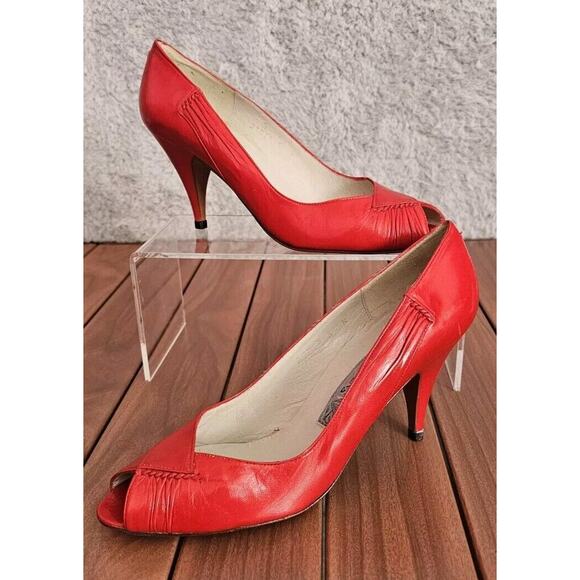 Vintage *Never Worn* Evan Picone Red Leather Heels Peep Toe Pumps Sz 8 N Pin Up - Picture 1 of 7